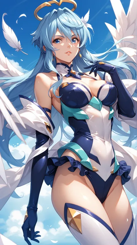  Symphogear and Super Ko Taisen , woman,  Tsubasa Kazeaki and Elise Xillia blue hair color、 long hair,  blue eyes, Goddess Cyberstors , Amaha々 Sabers Cybersuit , Blue Wing Feather , Angel,Sky in the Sky ,Sexy，