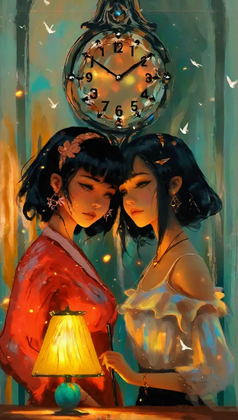 Blend with the background, They are two women in a room with a clock and a lamp, WLOP and ROSS Tran, WLOP y Andrei Riabovitchev, Ross Tran y Bayard Wu,  Edgar Maxence and Ross Tran , Wlop and Sakimichan, Ross Tran and Wlop, loish y ross tran, wlop and ross...