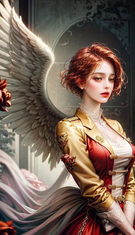  angel surrounded by pink roses，wings with feathers，　 short hair jacket with shining eyes ， face is clean ， red hair、 Red Dress 、Large breasted women、 facing the front