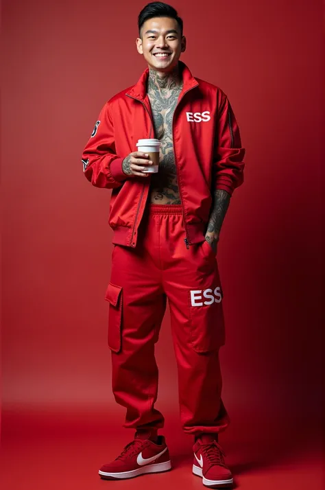  an asian man ,full body tatto , is wearing a red parachute jacket with a name on it"ESS"Red parachute pants subordinate , wears red nike shoes , is holding a cup of coffee while smiling , looks real ,cinematik,photo studio background.