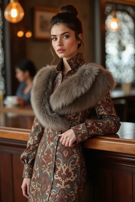   designed me a very realistic winter long sleeve fork skirt ,Collarless  ,  instead of elegant ， with a silk fur  ，  A beautiful Israeli model ， with a full chest  ， Charming brown messy bun  ，   looks gorgeous   ，  standing next to the counter   .   She ...