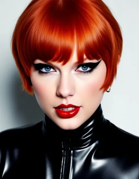 face close up. red hair . shiny red lip gloss. latex catsuit with high neck, lips are shiny, shiny makeup, extreme eyeliner flicks, edgy provocative look