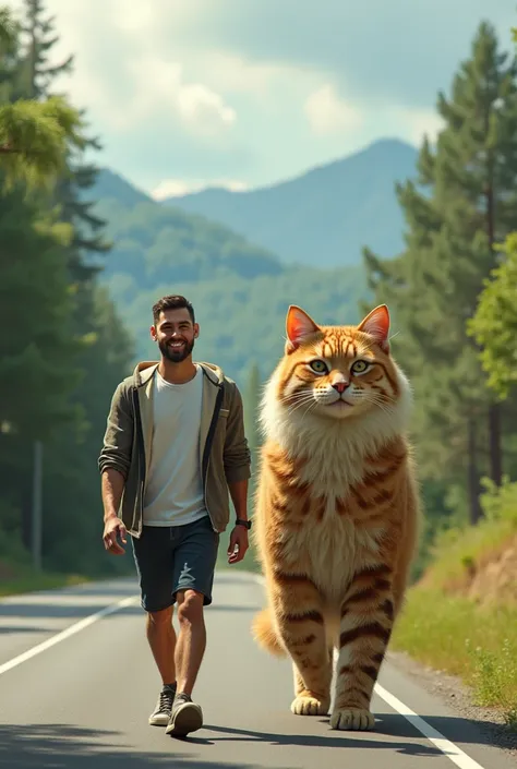 A man with no beard and mustache walks alongside a very adorable thick-haired giant cat spotted on the highway 