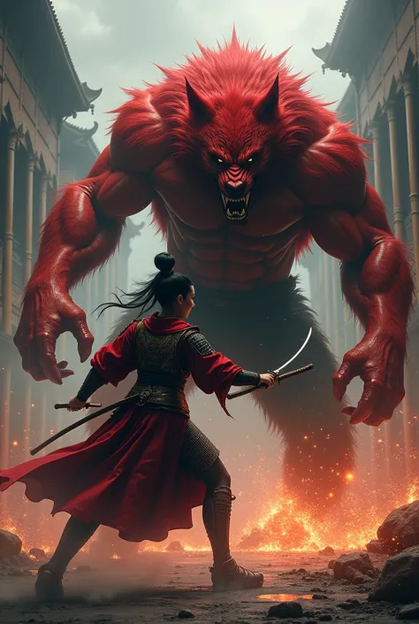 Giant red hulk werewolf vs Chinese samurai girl