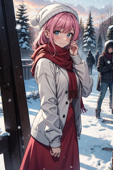 ((masterpiece, best quality:1.3, high detail)), beautiful woman, smile, looking at viewer, long hair, (pink hair), solo focus, one person, (white sweater, (red winter hat and scarf), (((long red skirt))), pencil skirt, outdoors, (cloudy sky, snow), park, t...