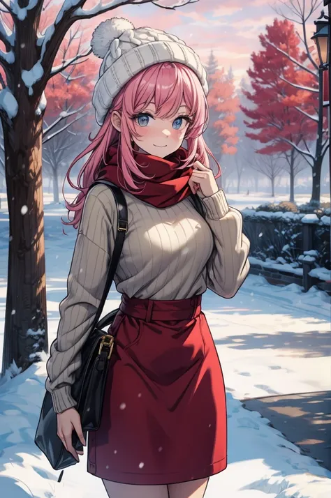 ((masterpiece, best quality:1.3, high detail)), beautiful woman, smile, looking at viewer, long hair, (pink hair), solo focus, one person, (white sweater, (red winter hat and scarf), (((long red skirt))), pencil skirt, outdoors, (cloudy sky, snow), park, t...