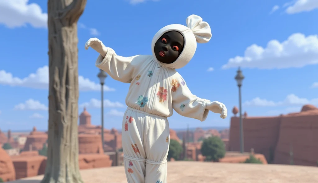 side view, cute white pocong, cloth pattern with various flower colors, black face, red eyes, red lips, standing on a skateboard, walking, 3D animation with vibrant color palette, ((full body)), ((pixar animation)), pocong, cartoon character who likes to p...