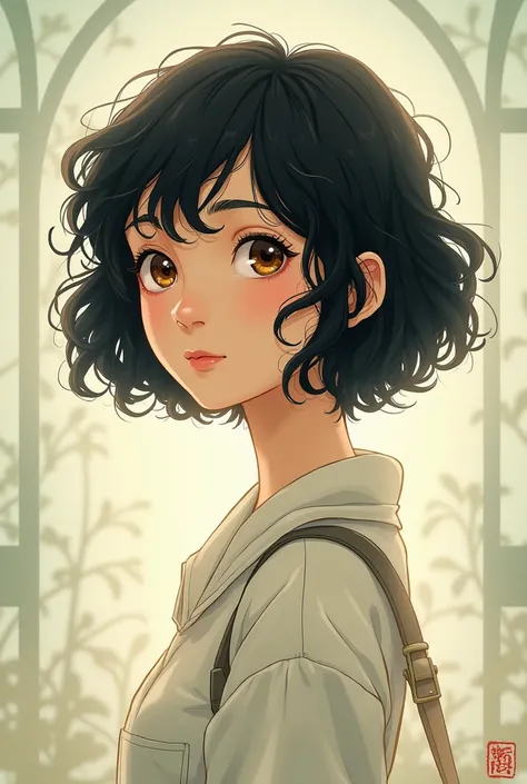 Image of a 22-year-old ,  studio Ghibli style , Brown with short black curly hair, thin with brown eyes 