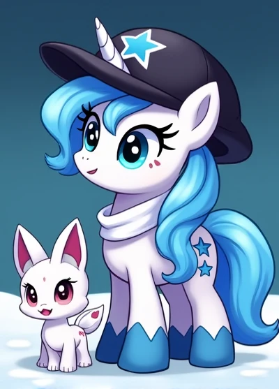 An MLP pony called a snowstar who has a blue mane and a beauty mark formed by a moon and stars with a black cap with a blue star on his head and a white neck scarf that has azure eyes and a unicorn horn are fur and black with touches of white with a white ...