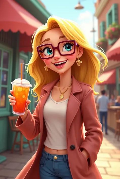 Make a cartoon of a lady with blond hair that is cheerful ,  fun that she has a soda and the lady with square lenses and a long coat,  besides that she looks like a Disney character like Rapunzel but without her hair that long
