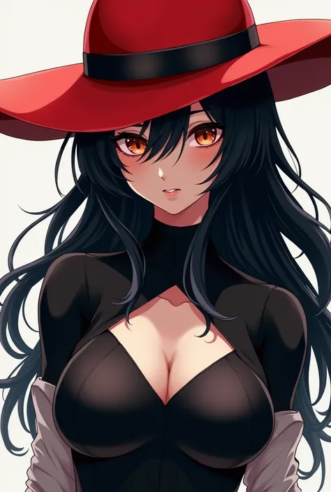 She is a black-haired anime woman with a tight red hat and wears black and white skin-colored clothing.