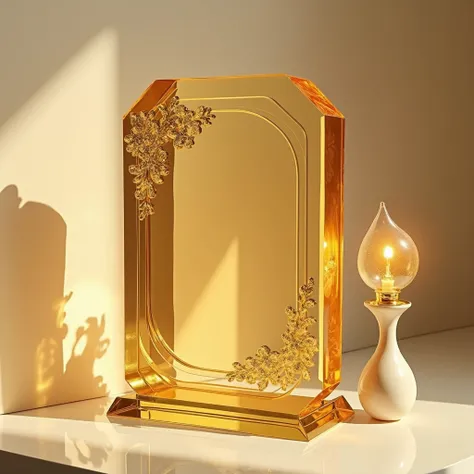 make me square glass award 3d, with glamour gold vibes, with aesthetic ornament leftside and aesthetic lamp