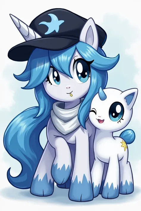 An MLP pony called a snowstar who has a blue mane and a beauty mark formed by a moon and stars with a black cap with a blue star on his head and a white neck scarf that has azure eyes and a unicorn horn are fur and black with touches of white with a white ...