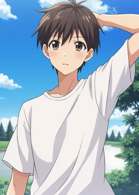  The image shows an anime character with dark brown hair and expressive eyes.  He is wearing a white t-shirt and seems to be in an outdoor environment , with blue skies and trees in the background .  The character has a neutral facial expression ,  but his...