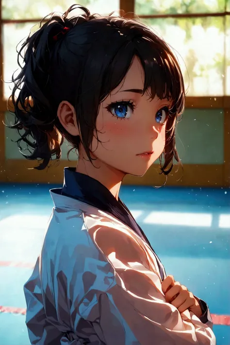 a petite, fit female high school freshman with dark hair and dark blue eyes, wearing a Judo gi in a Judo dojo. 