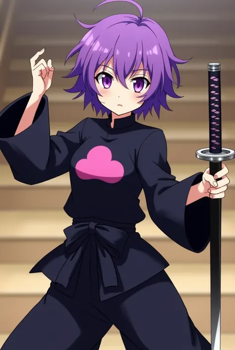 The image shows Niini Musaki, a girl approximately 150 cm tall and 37 kg in weight, with an anime visual style.

Hair: He has short hair, unruly and bright purple, with locks sticking out in a messy manner.

rostro: His facial expression is serious and det...