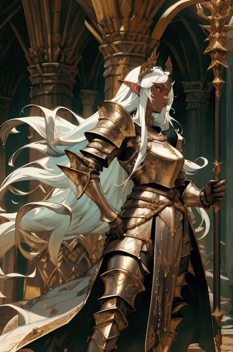 A stylized fantasy female elf with long white hair, red eyes, and pointed elf-like ears, featuring dark skin and a powerful presence. She is wearing intricate black armor with golden details, resembling a medieval knight. Her expression is serious, with he...