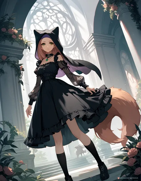 One, score_9,score_8_up,score_7_up, source_ fluffy, (maid Marian , fox girl,   in a black gothic hood ,  brown eye ,  tall and slim body ,  tail, bald, subtle body, ),  in a gothic black dress  , Black knee socks, necklace, 