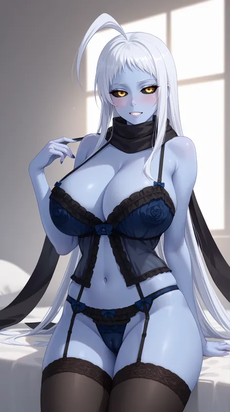 ((((1girl)))), (((lingerie, stockings, black scarf))), ((cameltoe, sexy pose, colored skin, blue skin)), jelolala, large breasts, colored sclera, black sclera, yellow eyes, white hair, ahoge, long hair, (huge breasts:1.5, gigantic breast:1.5, big butt, wid...