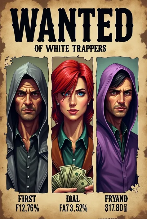 3 white trapper one with a lot of cash, one with red hair and one with a purple hoodie in a wanted poster