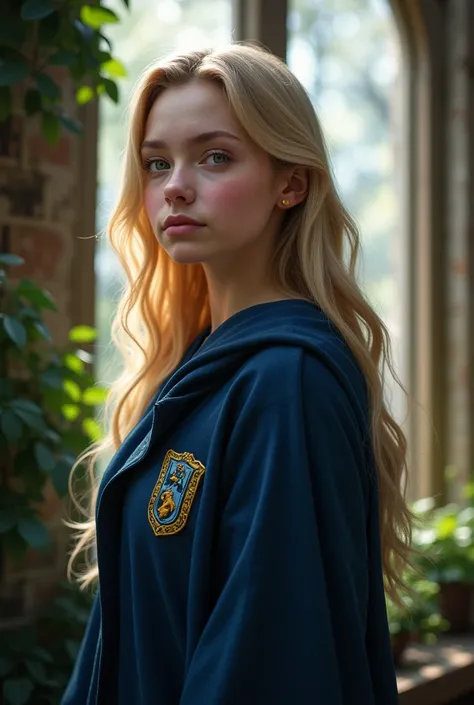 create a young lady,  aged  , Hogwarts student, from the Ravenclaw house, with pale blond hair and gray eyes, fat and white-skinned. With rosy cheeks and a kind and gentle countenance.  Make the image realistic . 