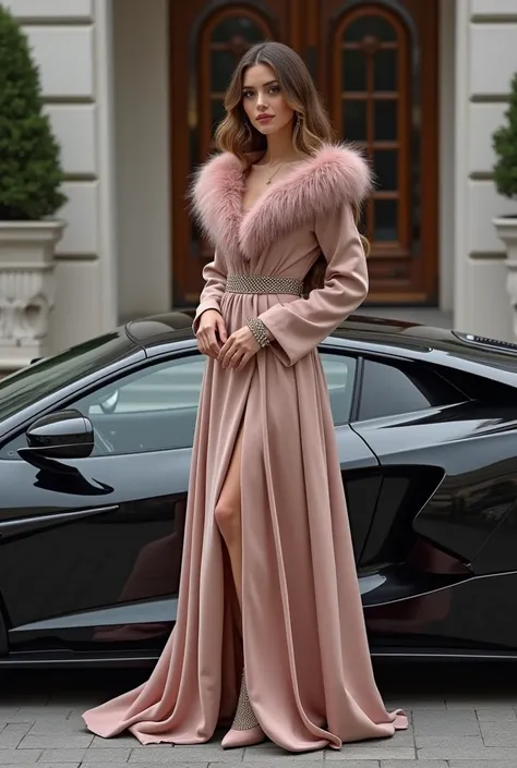   Design me a very realistic winter long sleeve long sleeve long flowing dress,Collarless  ,  instead of elegant ， with a silk fur  ，   A beautiful Russian model , with a full chest  ， charming long brown ponytail   ，  Looking very good   ，   standing next...