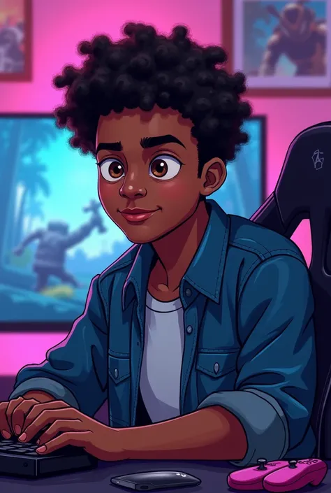 Illustration of a 22-year-old black man ,  with short curly black hair ,  with thin brown eyes who likes to play games