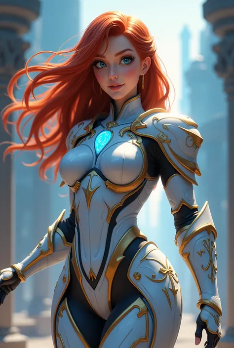 Female, cleric, auburn hair, bright blue eyes, wear, wearing sexy medical armor, aminated