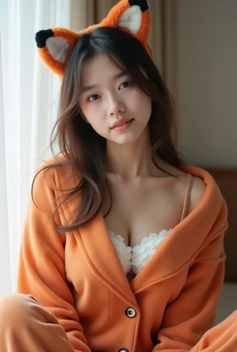  Hyperreal、photograph、 Fox pajamas       、Japanese beautiful girl with big boobs、pajamas、 can see about half of my chest、
Hide your breasts by putting your hands in the collar of your pajamas、Expand your chest a lot、Smile、 Can See Cleavage、Breasts are visi...