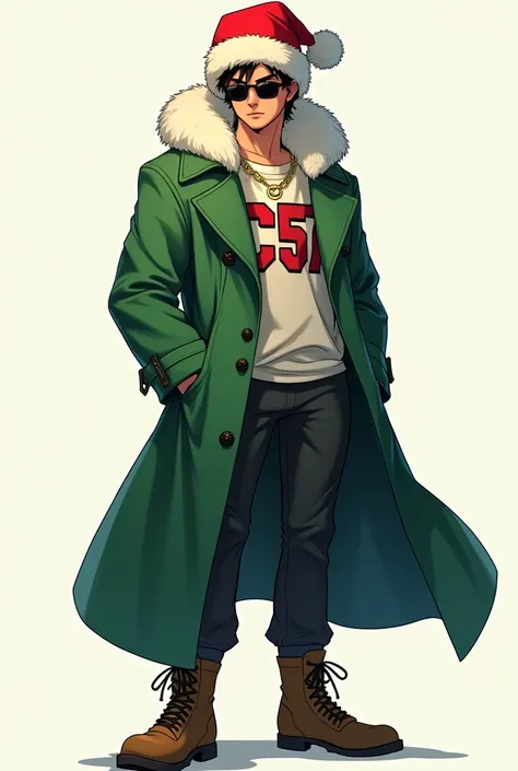 Teenage 18 year old male with sunglasses posed epic with Christmas hat green coat with the acronym C57 logo on his coat and that he is in drawing mode the character
