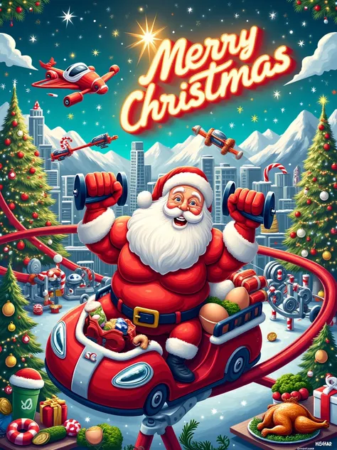 A Santa Claus riding a roller coaster in a futuristic 3D city,surrounded by skyscrapers,flying cars,and neon lights. In the background,there are snowy mountains and urban elements with the neon sign "Merry Christmas" shining above. The scene includes an am...