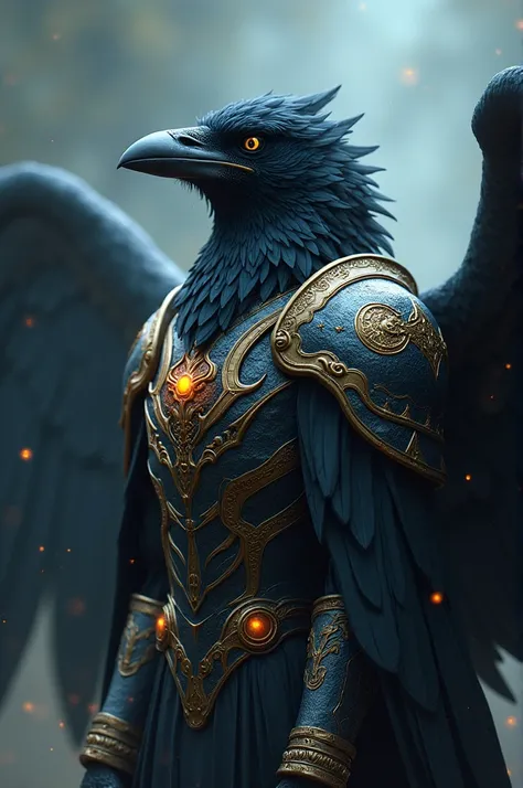 Mystical black raven with shiny wings and shining armor 