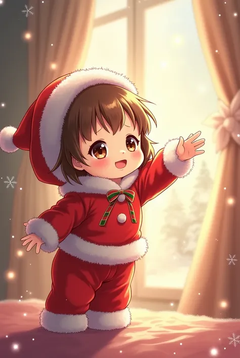 Christmas themed female anime baby holding out her hand