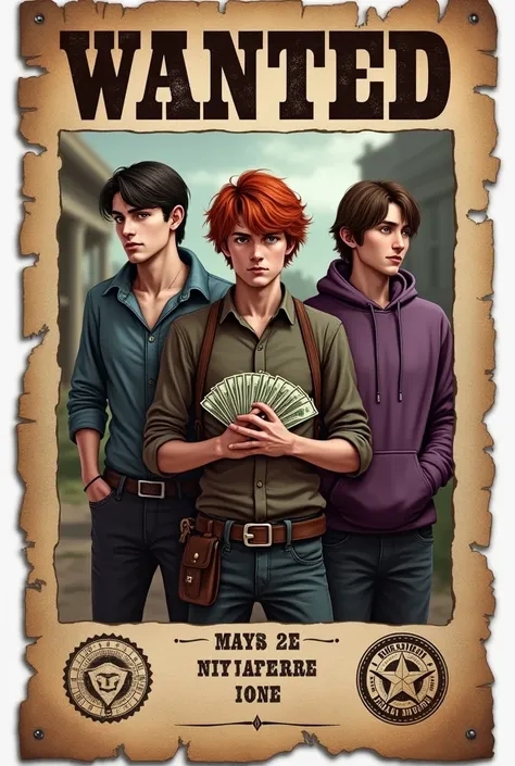 3 white young trapper men one with a lot of cash, one with red hair and one with a purple hoodie in a wanted poster