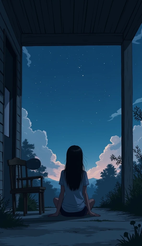 Jinx is sitting on the concrete porch , observing the stars, ((( with her back turned to the viewer)))