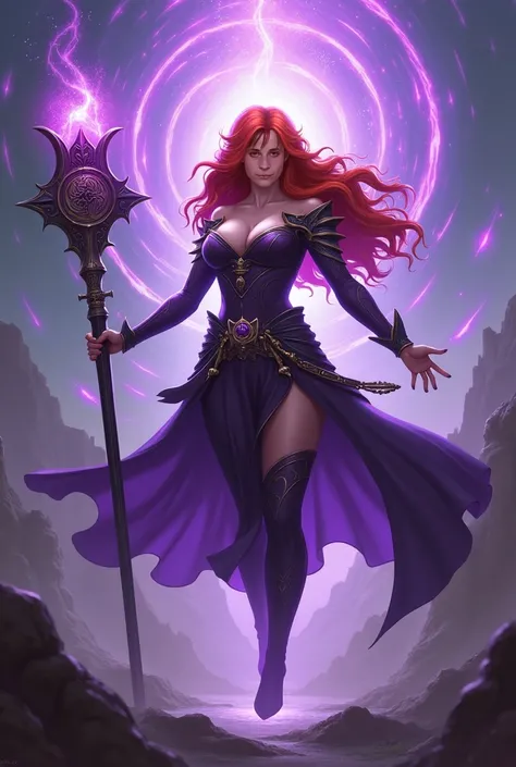 LEAGUE OF LEGENDS (ARCANE) CHARACTER, LONG RED HAIR AND BROWN EYES, FEMALE MAGE WITH SLIGHTLY WIDE HIPS, WITH LARGE STAFF AND PURPLE MAGIC ALL AROUND, FLOATING AS IF CASTING A SPELL