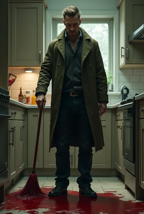 ‏صورة A man standing in the kitchen holding a mop in his hand is cleaning blood wearing an olive coat wearing black pants with a little blood on the ground and trying to clean. He holds a mop in his hand in order to try to wipe the blood