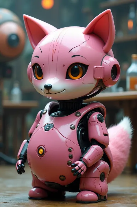 The pink machine has the face of a pink fox.