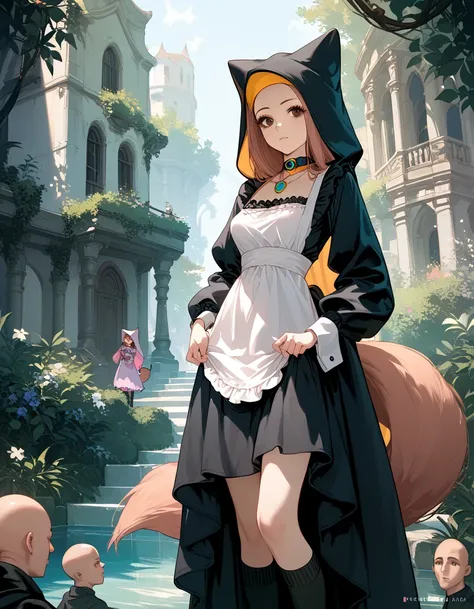 One, score_9,score_8_up,score_7_up, source_ fluffy, (maid Marian , fox girl,   in a black gothic hood ,  brown eye ,  tall and slim body ,  tail, bald, subtle body, ) , Black knee socks, necklace, 