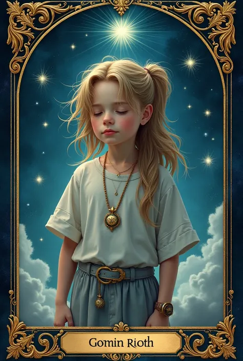  Tarot-style card from a boy 
 improved:1.5)0.9], (space ,stars and watches :1.2) ( Long hair and half-tail hairstyle  :1.1) ( shades of blue with gold  :1.0) ( eyes closed:1.0) 