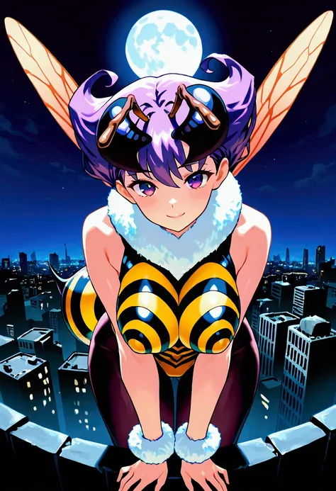 score_9,score_8_up,score_7, source anime, BREAK, 1girl, solo, bee girl, q-bee darkstalker, abdomen tail, bee tail, arthropod girl, wings, solo, antennae, purple hair, insect wings, monster girl, purple eyes, short hair, pantyhose, looking at viewer, purple...