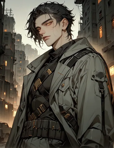 masterpiece, newest, absurdres, safe, high detailed, masterpiece. high detailed, male, relaxed, Male, Masculine, handsome face, Handsome male, Soldier, Male, Black hair with silver hair strands, golden eyes. grey coat, black shirt, and baggy cargo pants. P...