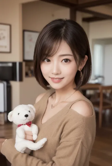  Inhaling Eyes , cute double , Woman hugging her favorite stuffed animal at home, In pajamas, small animals, Inward-curling short hair,  hair ornament,  ponytail,  clothes chosen for a date , Talented , Kind personality,  woman who is very particular about...