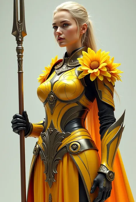 A beautiful woman with her hair tied and standing, full body blonde and wearing modern yellow armor with floral details.. On the bust with yellow flowers  . The design includes daisies .  The lower part consists of a short and decorative skirt combined wit...