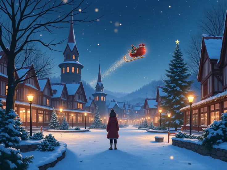 anime, Medieval fantasy city, Christmas season , snow, Park, dragon, Lonely, Christmas sleigh in the sky.