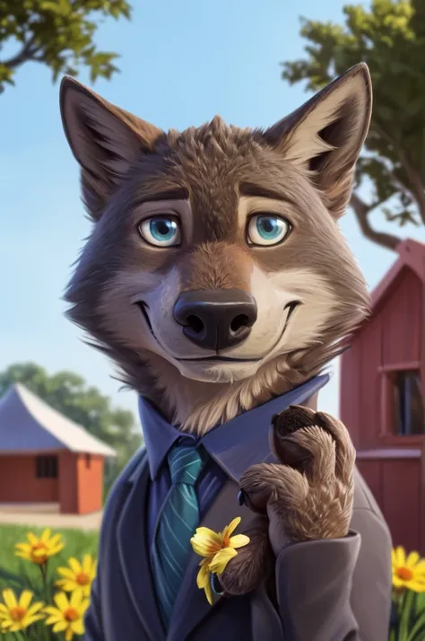  Male, Larry, (Zootopia), wolf, gray fur, (brown body:1.3), beautiful blue eyes, Zootopia, dressed,Blazer,black shirt,trousers,green tie,canine,wolf, detailed fur, Male, second, paw pads, finger claws,green tie, games,At the viewer, 5 fingers, paws, 4 toes...