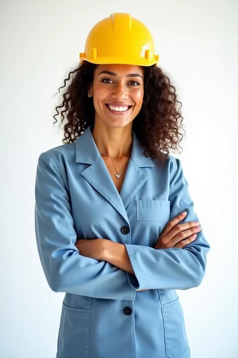 Woman, 30s, Brazilian, Civil Engineer, Perfect Smile, Clear Eyes, Curly brown hair, Bodybuilder, Fit, Engineering outfit, elegant light blue outfit, yellow engineering helmet, Posing for Photo, Arms Crossed, Solid White Isolated, High quality, 8k, High res...