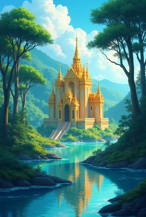 Turquoise-colored fantasy forest with a lake and a golden castle-like temple (version anime)
