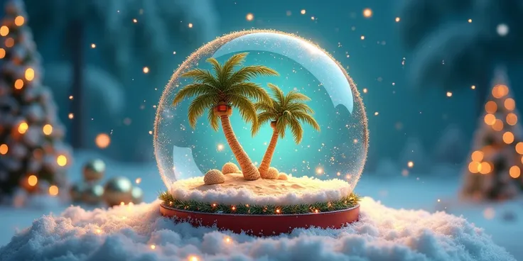  a Christmas image with an island and coconut trees in a snow globe. Add bright starry Christmas decorations .