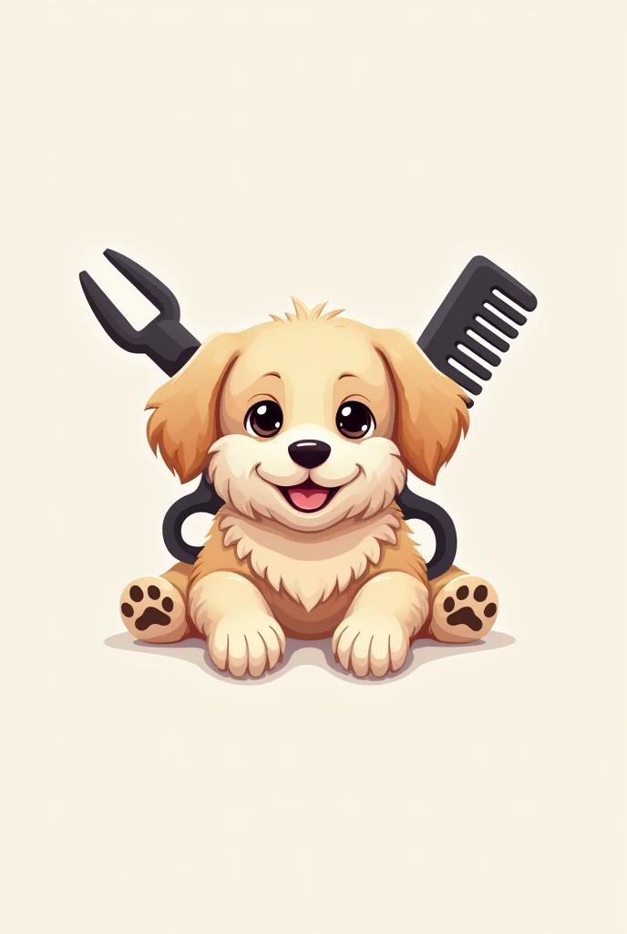 Create a logo for a canine aesthetic that has scissors and a comb and a cuddly dog with the name of Pet Nice
